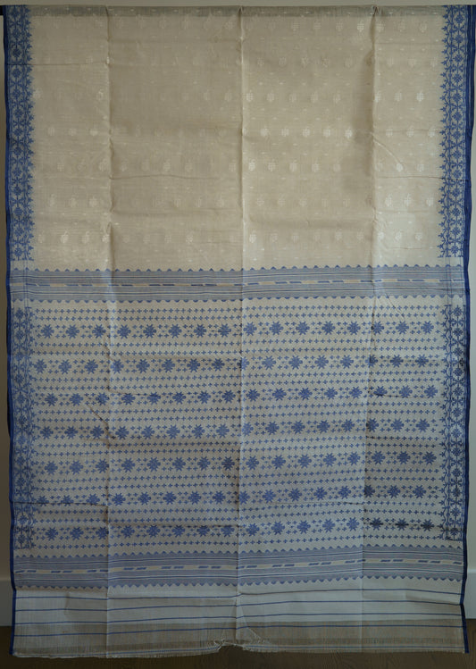 Handwoven Cotton Dhakai Jamdani Sari White with Blue