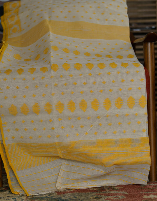 Handwoven Dhakai Jamdani Sari Cotton White base with yellow motifs
