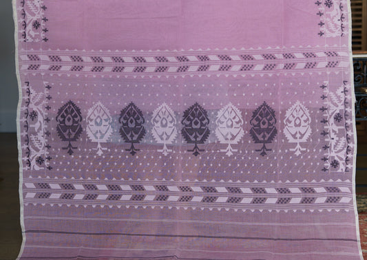 Handwoven Cotton Dhakai Jamdani Sari Pink Black White
